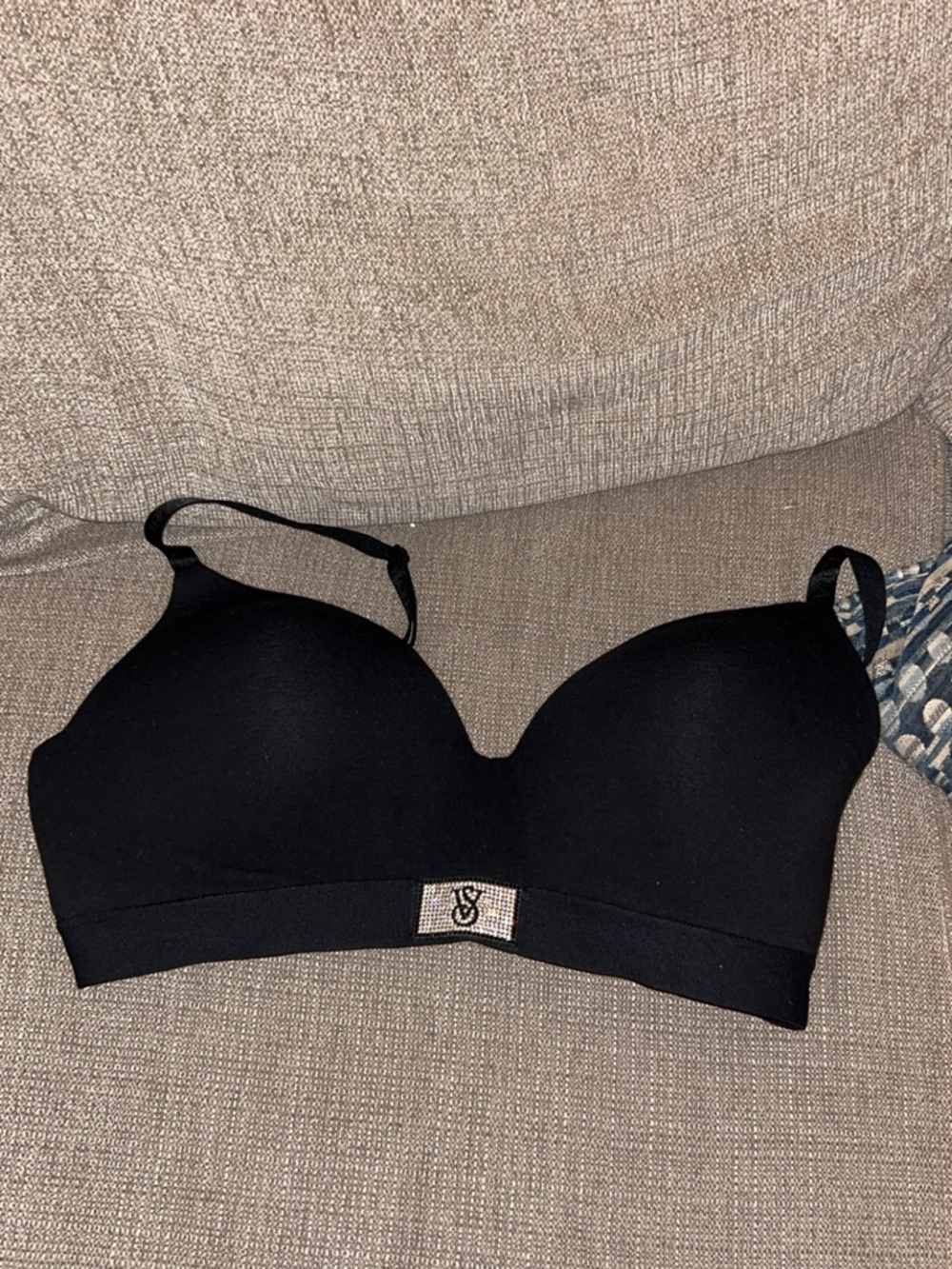 Victoria's Secret Black Padded Wireless Bra with Rhinestone Logo Accent